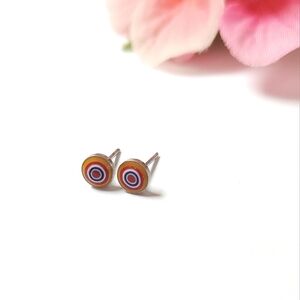 Vintage Dainty Bullseye Stud Earrings Silver Orange Red Blue & White Bullseye
